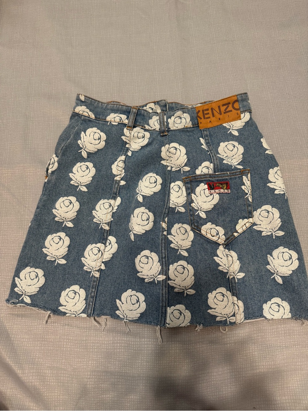 Kenzo Blue Denim A-Line Skirt with White Rose Print